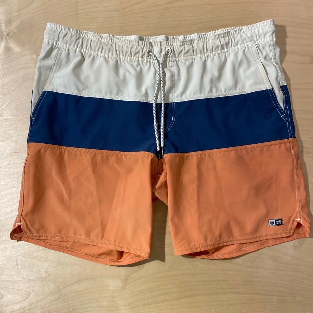 Salty Crew Men's Swim Trunks - Orange, Blue, and Cream Large (C)